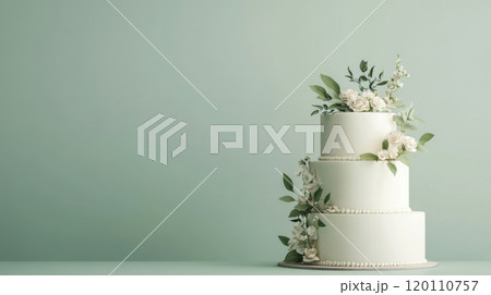 Wedding cake with beautiful flowers on solid pastel color background, copy space Wedding cake with beautiful flowers on solid pastel color background, copy space 120110757
