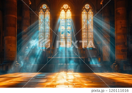 Peaceful Church Interior with Stunning Stained Glass Windows and Light 120111016
