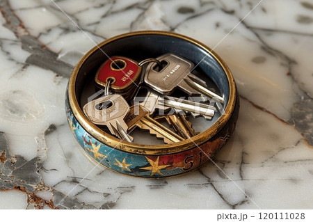 Luxury golden decorative bowl with assorted keys on elegant marble table with blue and red accents 120111028