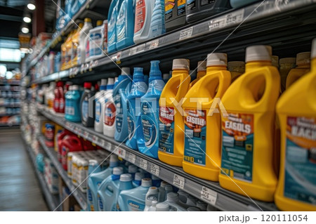 Colorful plastic bottles and containers displayed on store shelves for retail sale Colorful plastic bottles and containers displayed on store shelves for retail sale 120111054