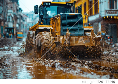 Tractor drives through thick mud leaving deep tire tracks behind on an unpaved road. 120111140