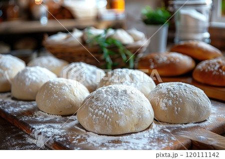 Raw dough for baking bread or pizza on wooden table with flour, two loaves on right 120111142