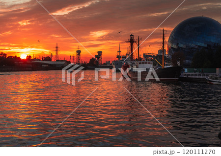 Pregolya River and ships in Kaliningrad at sunset. Russia 120111270