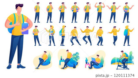 Presentation in various poses and actions character. Young Men. 2D Flat character vector illustration N4 120111374