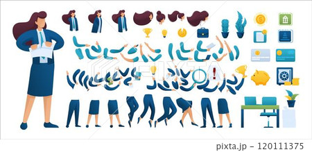 Constructor for creating a Businesswoman N10. Create your own Businessman character with a Set of hands and feet. Flat 2D characters 120111375