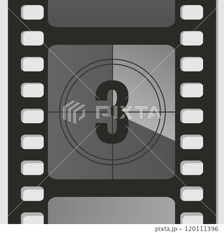 Countdown film strip frame with number three. Retro cinema movie timer counter. Vector illustration Countdown film strip frame with number three. Retro cinema movie timer counter. Vector illustration 120111396