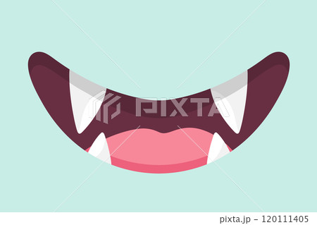 Cute cartoon monster mouth background. Monster mouth with fangs in childish style on blue background. Vector illustration Cute cartoon monster mouth background. Monster mouth with fangs in childish style on blue background. Vector illustration 120111405