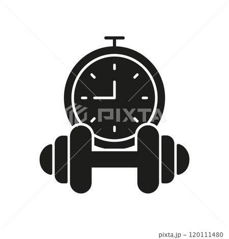 Timed Exercise with Dumbbell and Stopwatch Silhouette Icon. Fitness Routine and Training Schedule. Isolated Vector Illustration 120111480