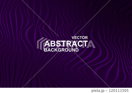 Abstract background with purple wavy rippled lines on black backdrop with soft reflection. Elegance wallpaper with curve stripes texture and flow effect in repetition composition. Vector illustration 120111505