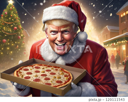 大きなピザを配るサンタクロース 120111543