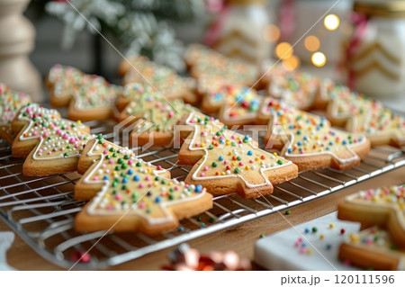 A cozy kitchen scene featuring a tray of freshly baked Christmas cookies cooling on a rack, surrounded by baking supplies, cookie cutters, and cheerful holiday decorations 120111596