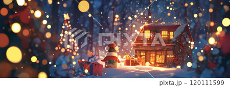 In a whimsical winter setting, a cute owlet dons a Santa hat, surrounded by snow and a glowing cottage with soft light and sparkling colors, adding to the festive Christmas mood, banner 120111599