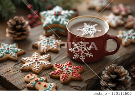 A festive plate of Christmas cookies shaped like stars, trees, and gingerbread men, adorned with colorful icing and sprinkles, sits on a table with holiday ornaments 120111600