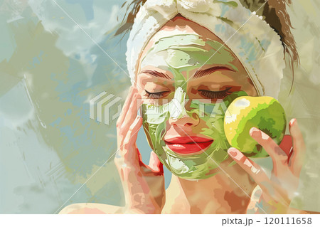 A woman applies a homemade face mask made from fresh fruits and vegetables, embracing natural skincare and enhancing her beauty routine with organic ingredients 120111658