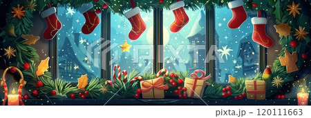 This Christmas garland, rich with traditional decorations like candy canes, mini stockings, and glittery stars, hangs beautifully in the window, spreading festive warmth, banner 120111663
