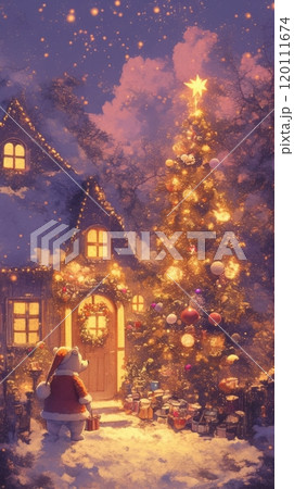 A funny bear with a Santa hat stands in a charming Christmas scene, featuring a snow-covered cottage with glowing holiday lights and a beautifully Christmas tree 120111674