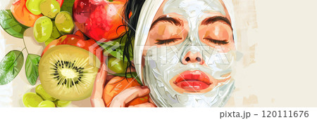 A woman indulges in a refreshing skincare ritual, applying a DIY face mask made from fresh fruits and vegetables, highlighting her commitment to natural beauty and wellness 120111676