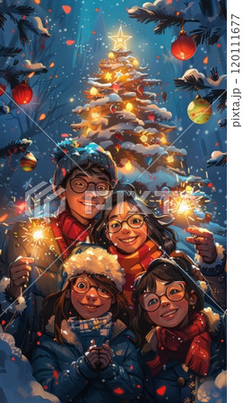 Friends gather with sparklers in hand, smiling warmly in front of a beautifully lit Christmas tree and glowing festive lights, celebrating the holiday season 120111677