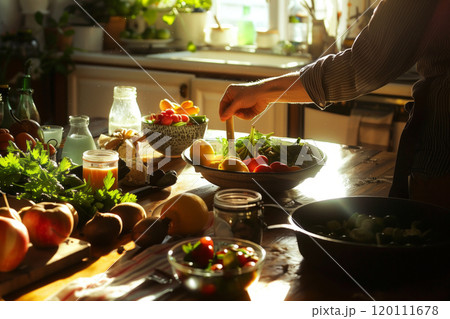 A person enjoys a nutritious meal of fresh fruits, vegetables, and fermented foods at a sunlit kitchen table, highlighting vibrant colors and healthy eating 120111678