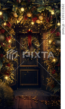 This festive garland of evergreen branches, red berries, and pine cones, beautifully decorated with golden ribbons and twinkling lights, graces a rustic wooden door 120111682