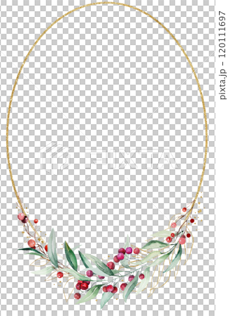 Christmas oval golden frame with watercolor green leaves and red berries. Holidays Illustration 120111697