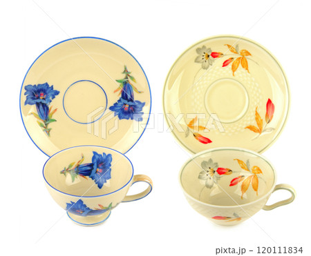 Vintage porcelain cups and saucer isolated on white background. Collage. Vintage porcelain cups and saucer isolated on white background. Collage. 120111834