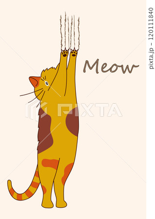 Cat poster. Pet scratching. Claw shred. Domestic animal. Naughty kitty. Furrow traces. Harm from feline paw talons. Funny kitten meow. Playful mischievous mammal. Vector cartoon card 120111840