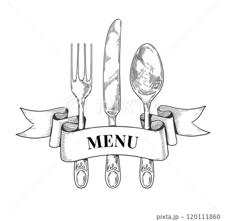 Cutlery logo. Restaurant meal menu. Fork and knife. Spoon sketch. Hand drawing tableware. Cafe dinner serving. Dining tablespoon. Outline kitchen utensil. Vector engraving silverware 120111860
