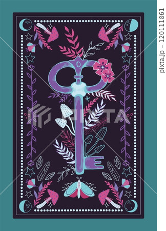 Boho poster. Tarot card. Witch magic key. Mystic mole. Esoteric celestial design. Medieval latchkey. Mushroom potion and gems. Spiritual flowers. Gypsy butterfly. Vector banner design 120111861