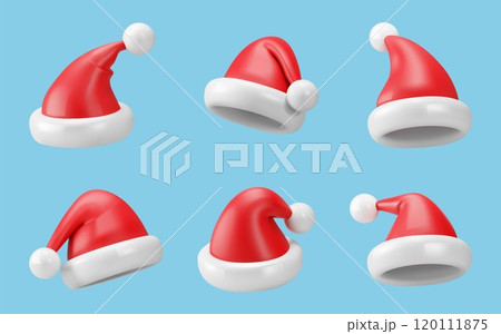 Santa hat. 3d Claus cap render isolated glossy cute elements different angles view, new year winter red head. Realistic party decoration, modern event fashion vector isolated cartoon icon set Santa hat. 3d Claus cap render isolated glossy cute elements different angles view, new year winter red head. Realistic party decoration, modern event fashion vector isolated cartoon icon set 120111875