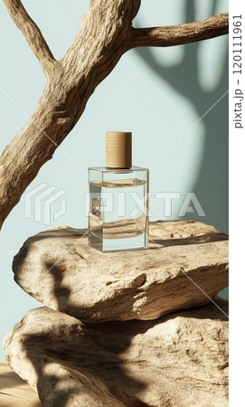 Luxury makeup liquid showcased amidst natural wood and stone elements. 120111961