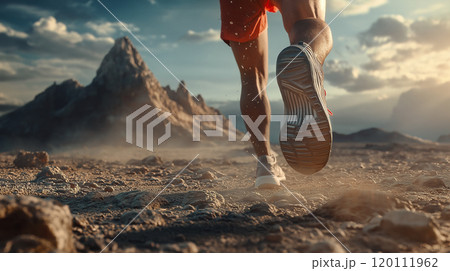 Ultra-Realistic Runner in Modern Sneakers on Dry Mountain Terrain 120111962