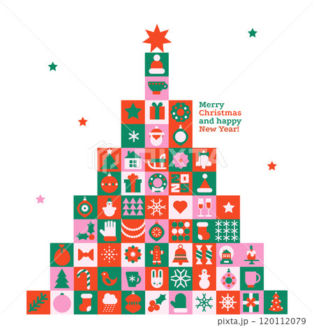 Christmas tree in modern minimalist geometric style. Colorful vector illustration . Xmas tree made of geometrical patterns and simple festive elements. 120112079