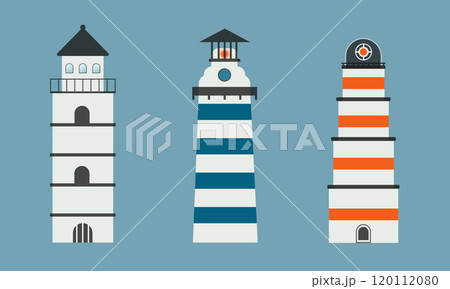 Sea navigation lighthouse towers set. Flat vector illustration isolated on blue background. Light tower, seaside architecture. Marine navigation lighthouses collection. 120112080