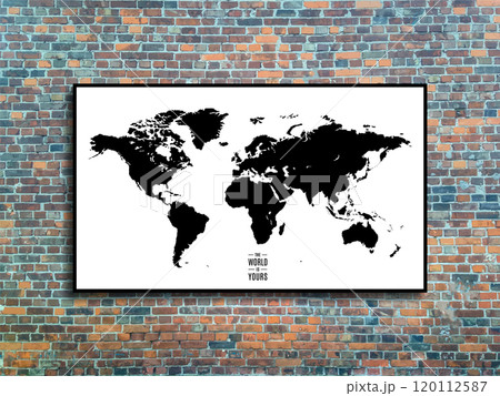 world map in a frame on brick wall background in loft style design. vector illustration 120112587