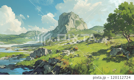 【風景・壁紙】遠くに岩山を望む草原の風景 【風景・壁紙】遠くに岩山を望む草原の風景 120112724