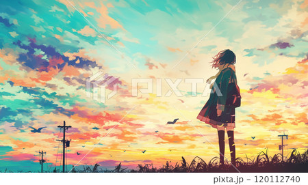 風景・壁紙】夕焼けを眺める女の子のイラスト素材 [120112740] - PIXTA
