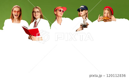 Same young woman in different clothes, with sunglasses, camera, and red book, posing with cheerful expressions against green background with blank space. 120112836