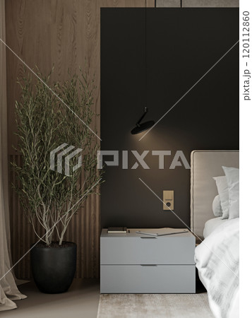 Contemporary bedroom design with modern lighting and minimalist decor 120112860
