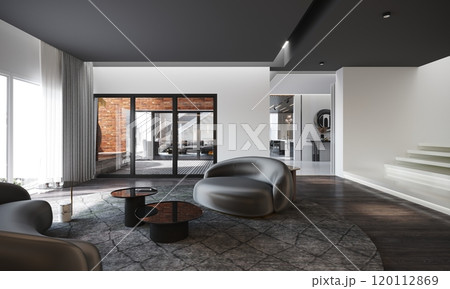 Modern minimalist living room with contemporary furniture design for interior decor Modern minimalist living room with contemporary furniture design for interior decor 120112869