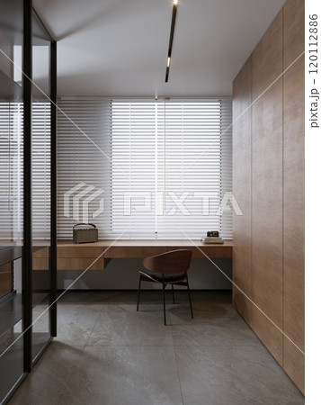 Minimalist home office with wooden furniture and modern blinds Minimalist home office with wooden furniture and modern blinds 120112886