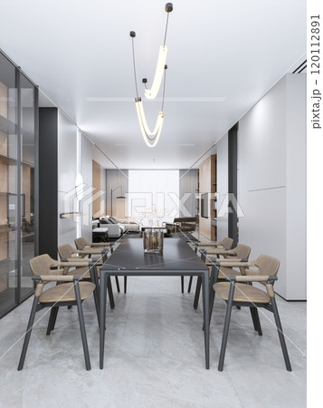 Modern minimalist dining room with contemporary lighting and neutral decor Modern minimalist dining room with contemporary lighting and neutral decor 120112891