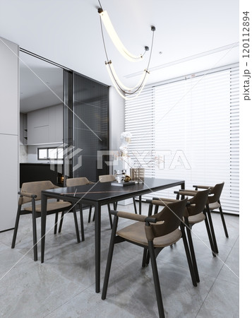 Modern minimalist dining room with elegant lighting and contemporary furniture design 120112894