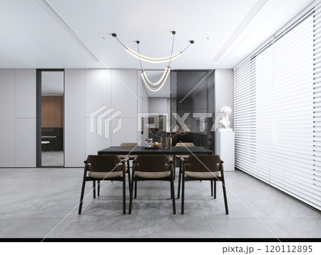Modern minimalist dining room with sleek design and contemporary lighting 120112895