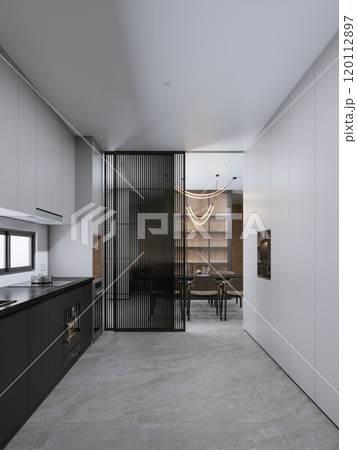Modern minimalist kitchen and dining space with sleek design elements 120112897