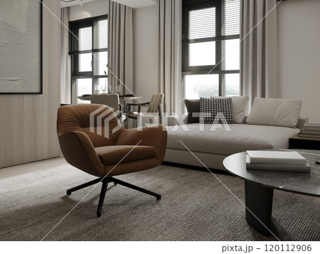 Modern minimalist living room with cozy armchair and stylish decor 120112906