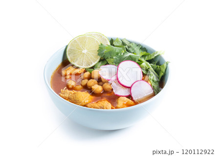Traditional mexican red pozole soup isolated on white background 120112922