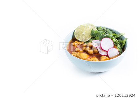 Traditional mexican red pozole soup isolated on white background 120112924