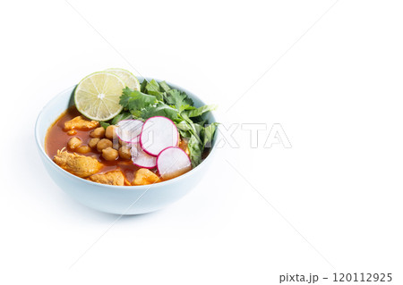 Traditional mexican red pozole soup isolated on white background 120112925