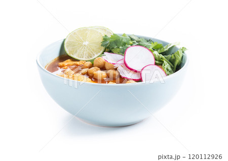 Traditional mexican red pozole soup isolated on white background 120112926
